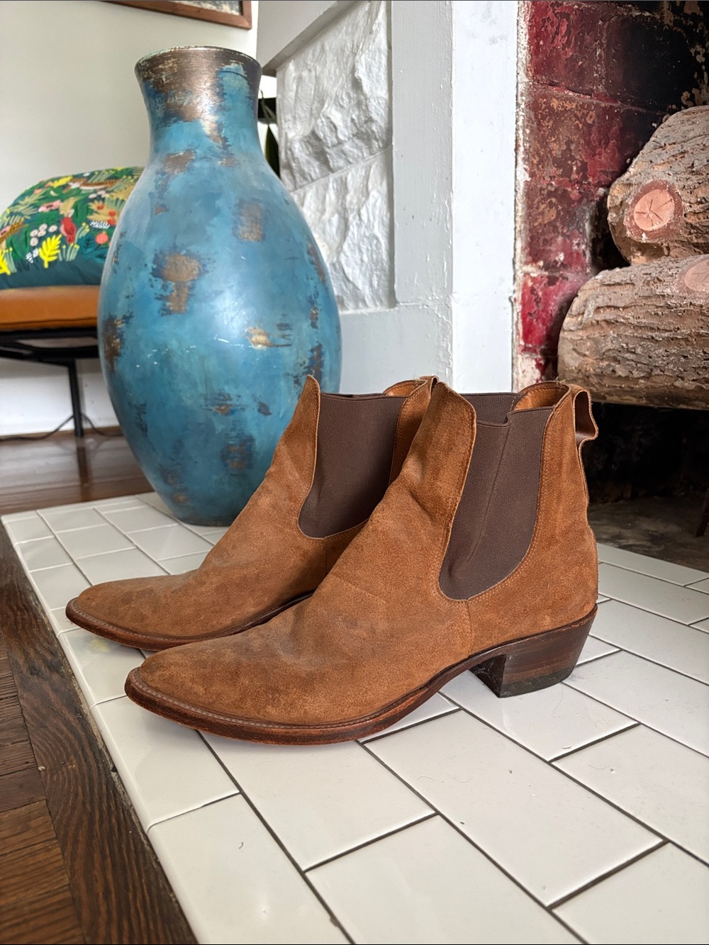 Ralph Lauren Double RL Brown Suede Chelsea Boots with Black Rubber Heel